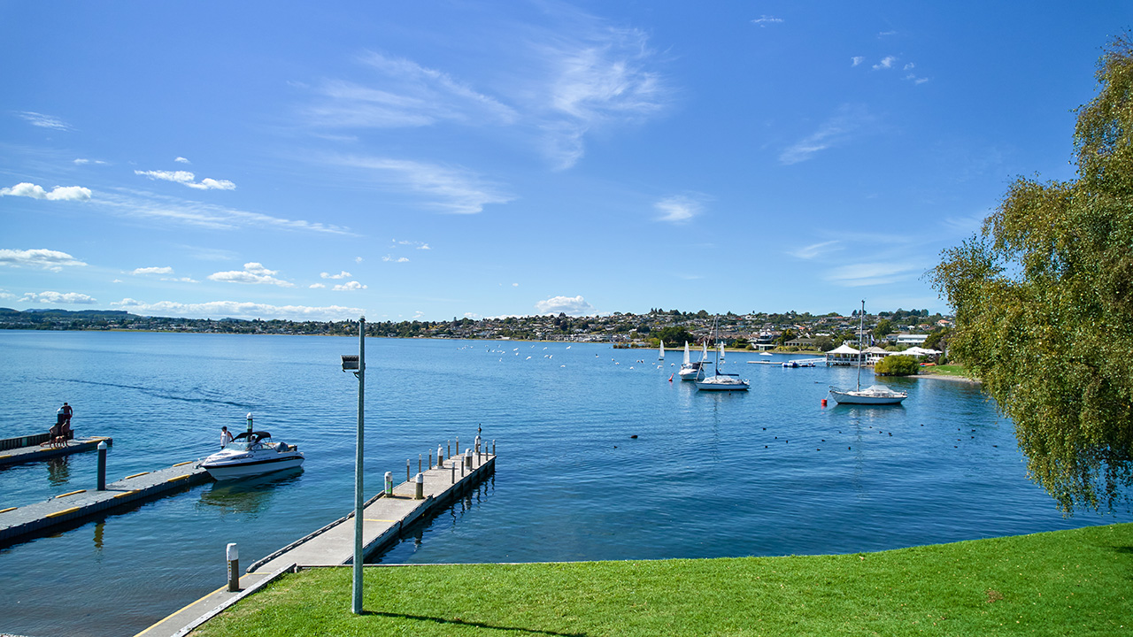 Image of Lake Taupō with sail boats and green grass